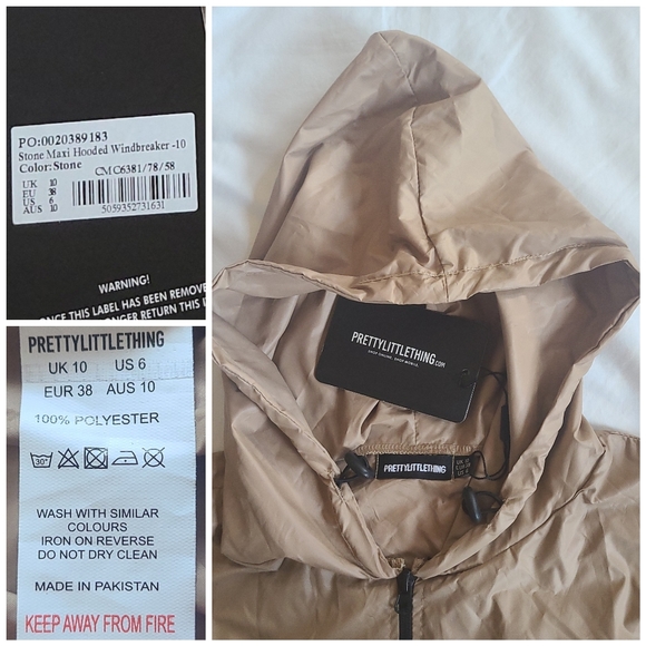 NWT Pretty Little Thing Stone (Beige) Maxi Hooded Windbreaker Jacket, US 6 - Picture 15 of 16
